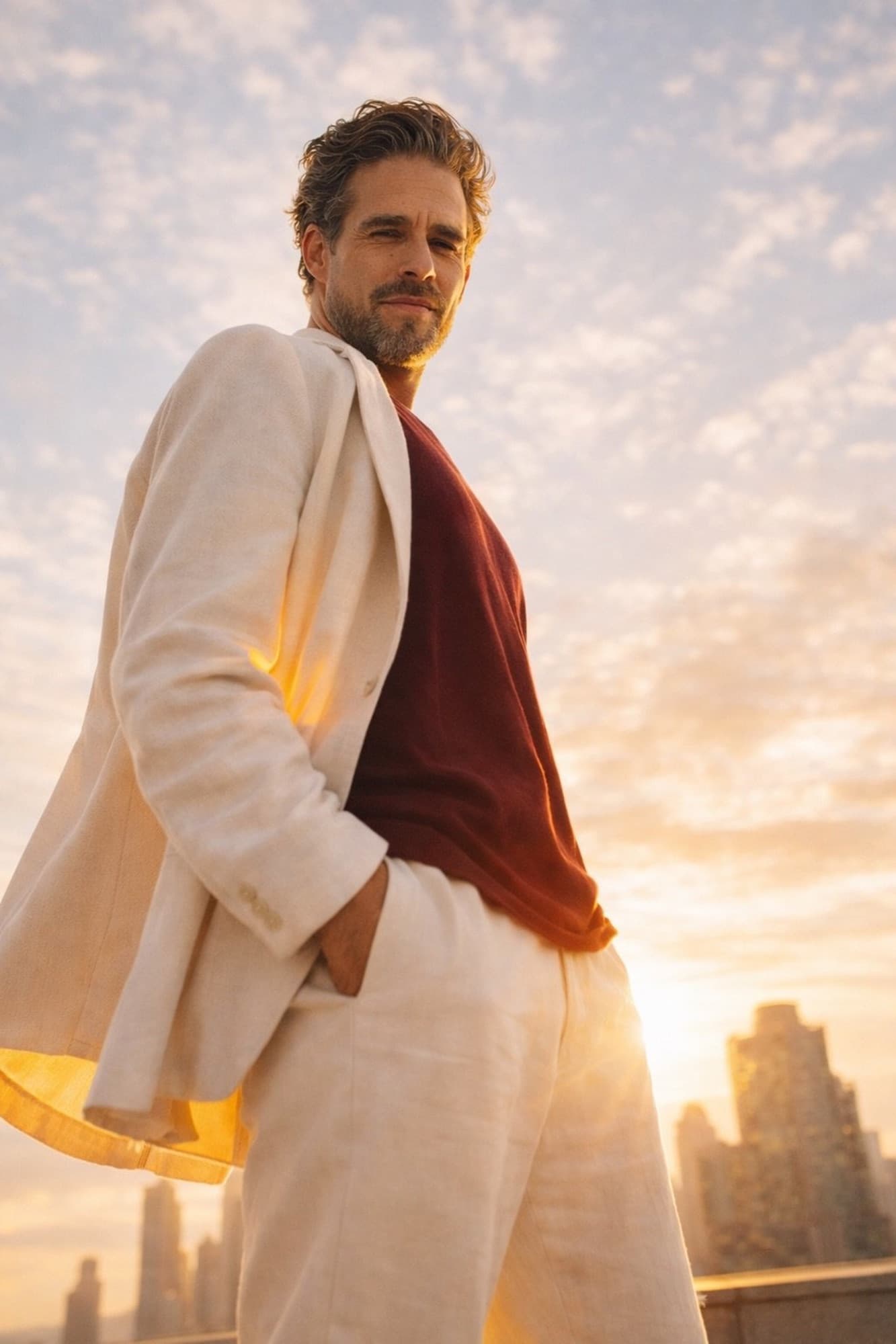 Brandon Mills — rooftop editorial, low camera angle against open sky
